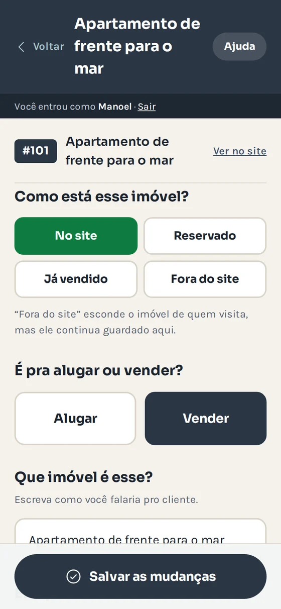 Painel: edição de um imóvel no celular