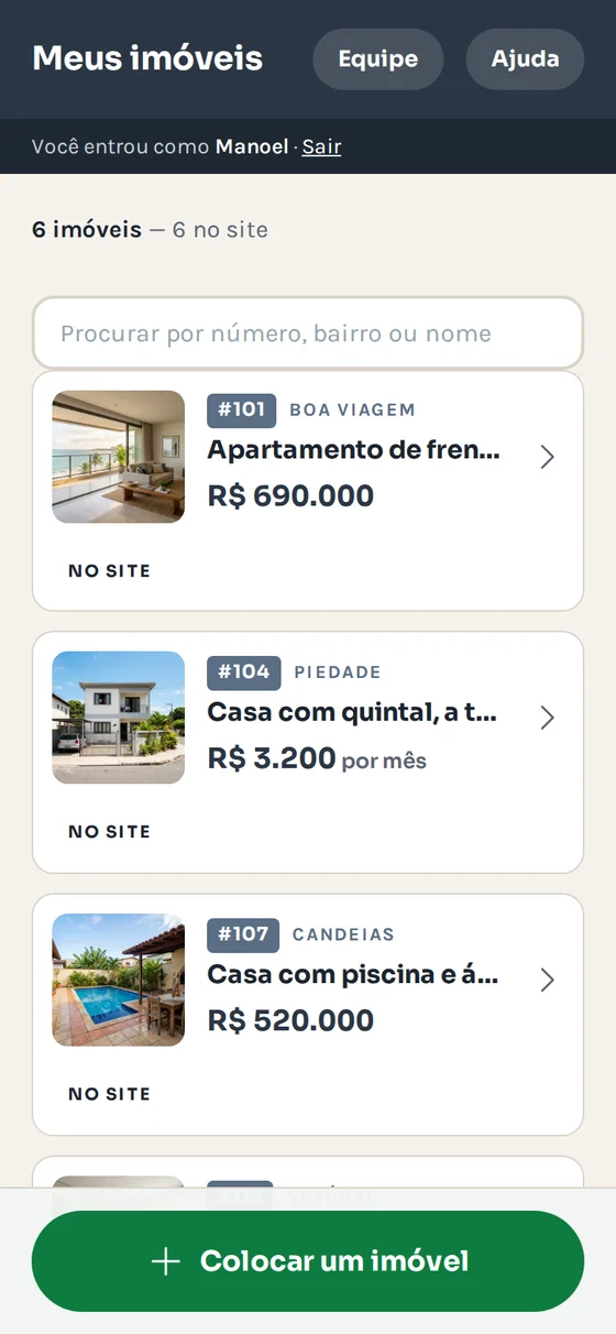 Painel no celular com a lista de imóveis