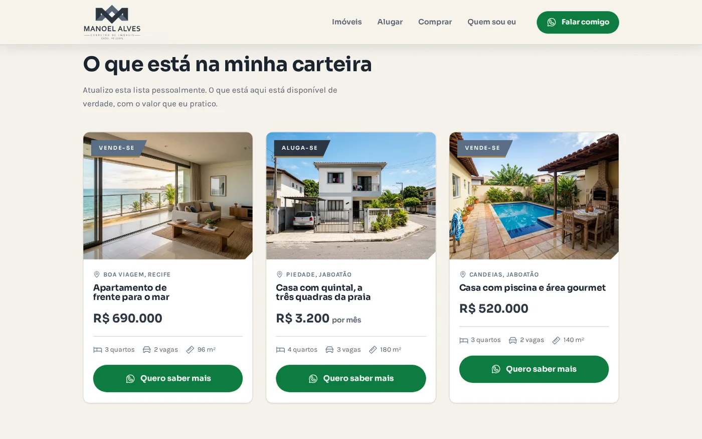Vitrine de imóveis com fotos, valores e botão de contato